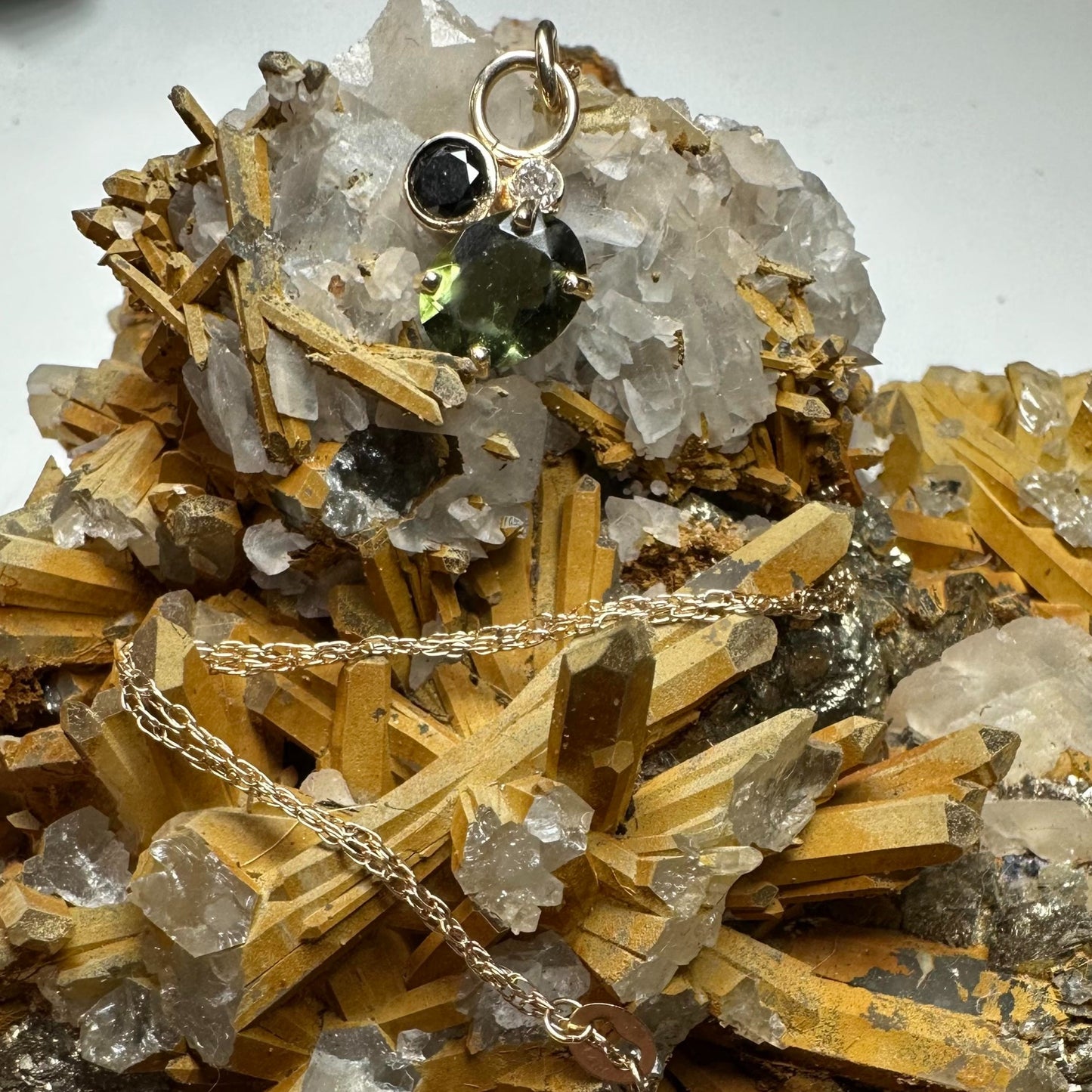 Moldavite, Black Diamond & White Diamond 14K Yellow Gold Necklace