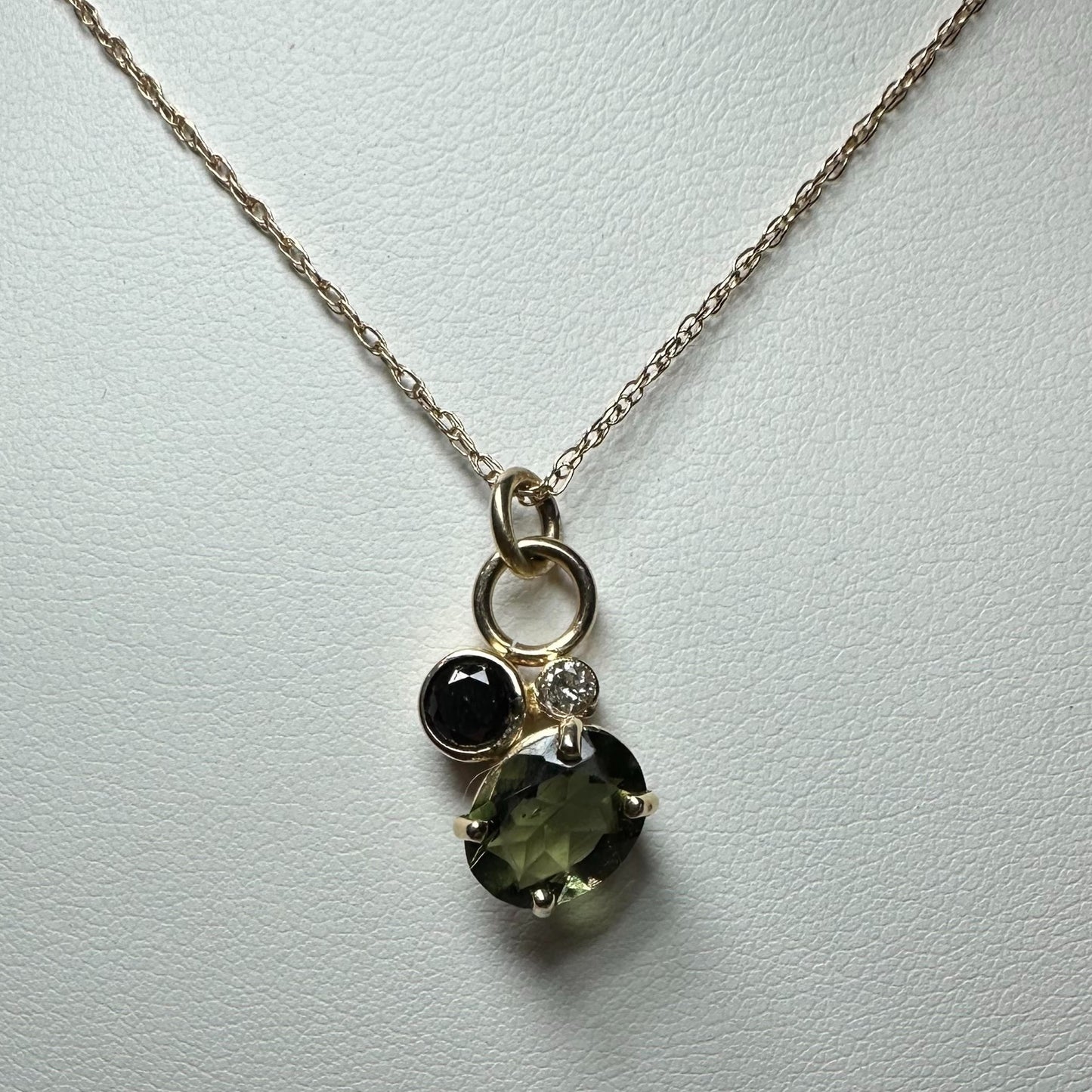 Moldavite, Black Diamond & White Diamond 14K Yellow Gold Necklace