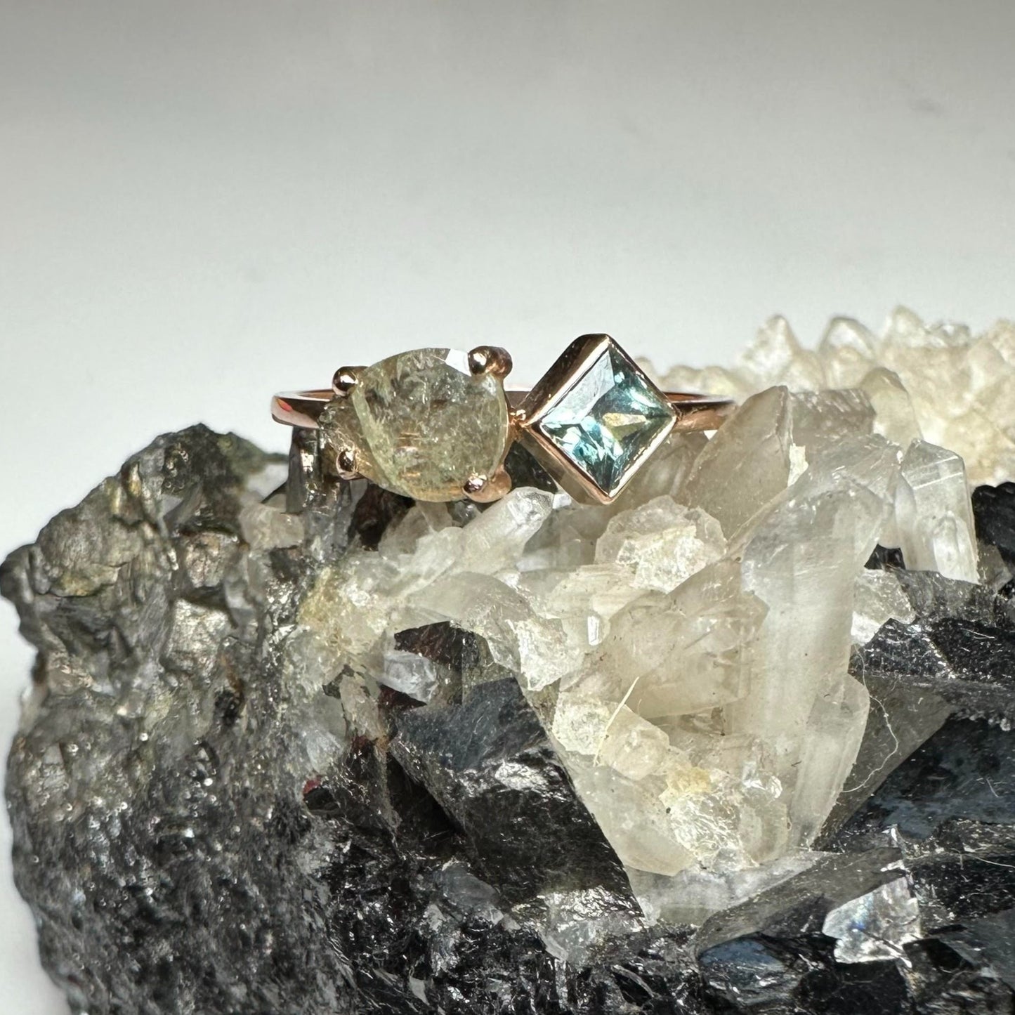 Salt and Pepper Diamond and Teal Montana Sapphire Rose Gold Ring