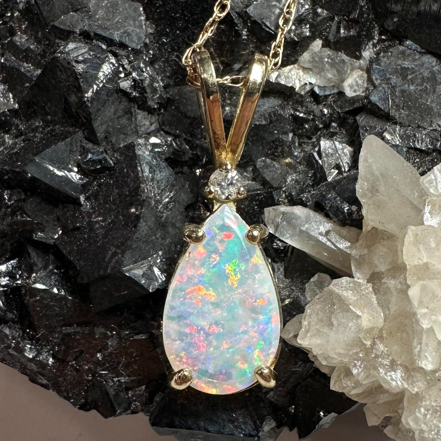 Australian Crystal Opal & Diamond 14K Yellow Gold Necklace