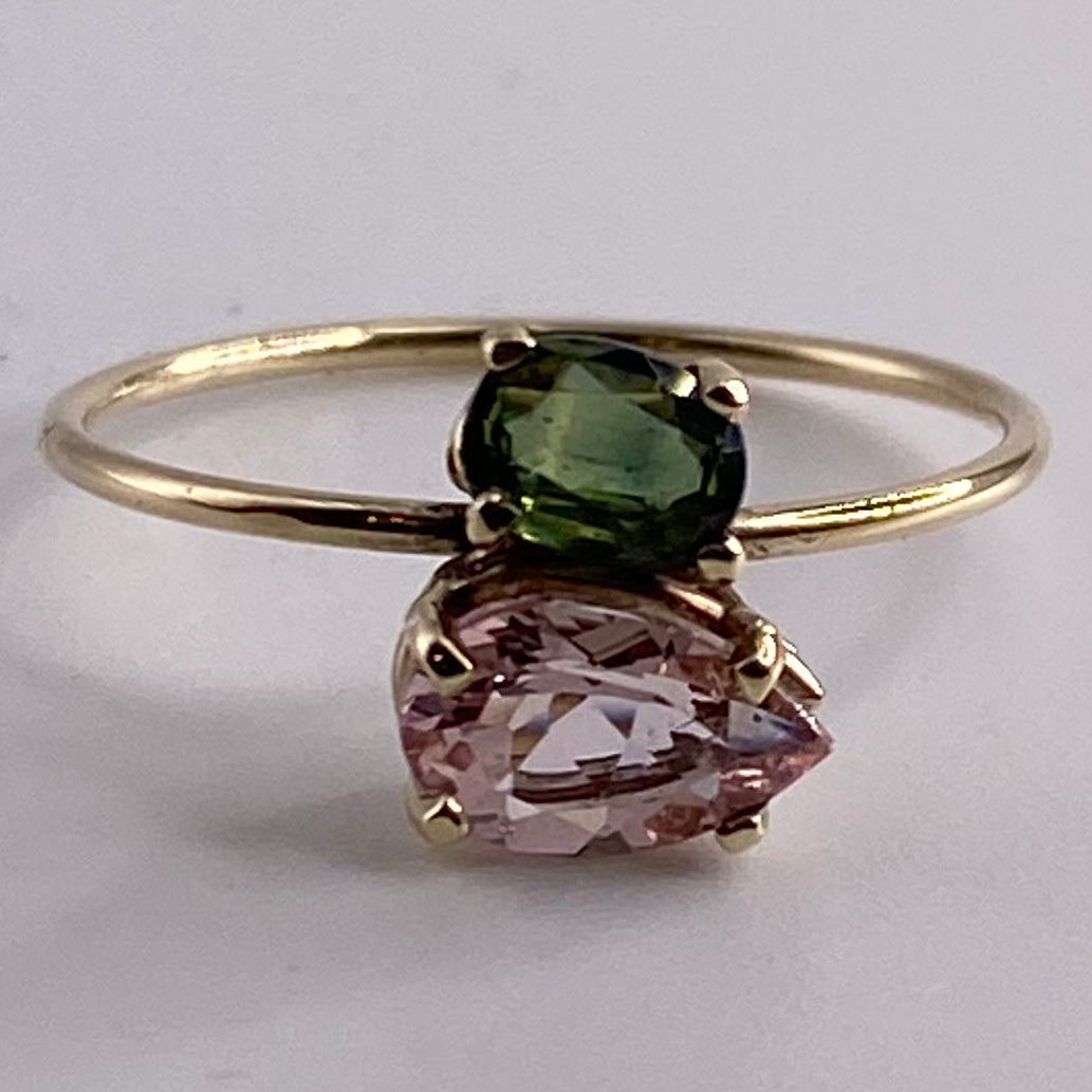 Green Sapphire and Morganite Yellow Gold Diamond Ring