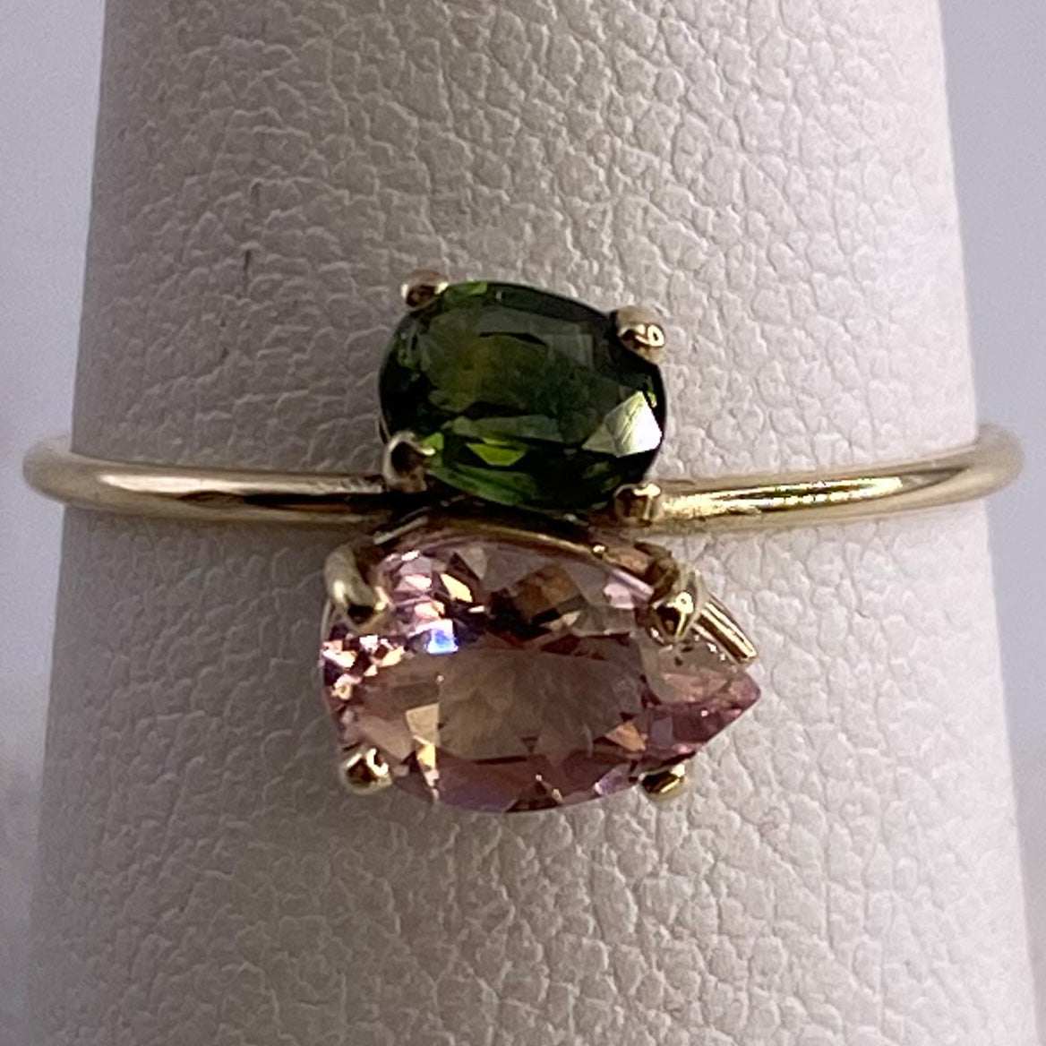 Green Sapphire and Morganite Yellow Gold Diamond Ring
