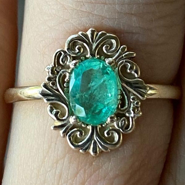 Colombian Emerald Yellow Gold Diamond Art Deco Ring