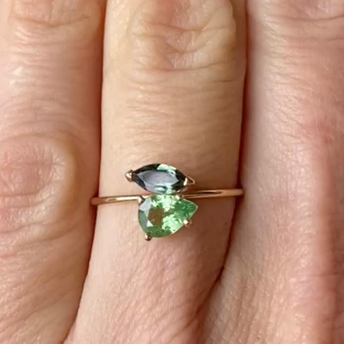 Tsavorite Garnet and Teal Tourmaline Yellow Gold Ring