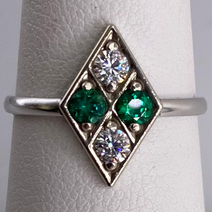 Emerald and Moissanite White Gold Diamond Ring