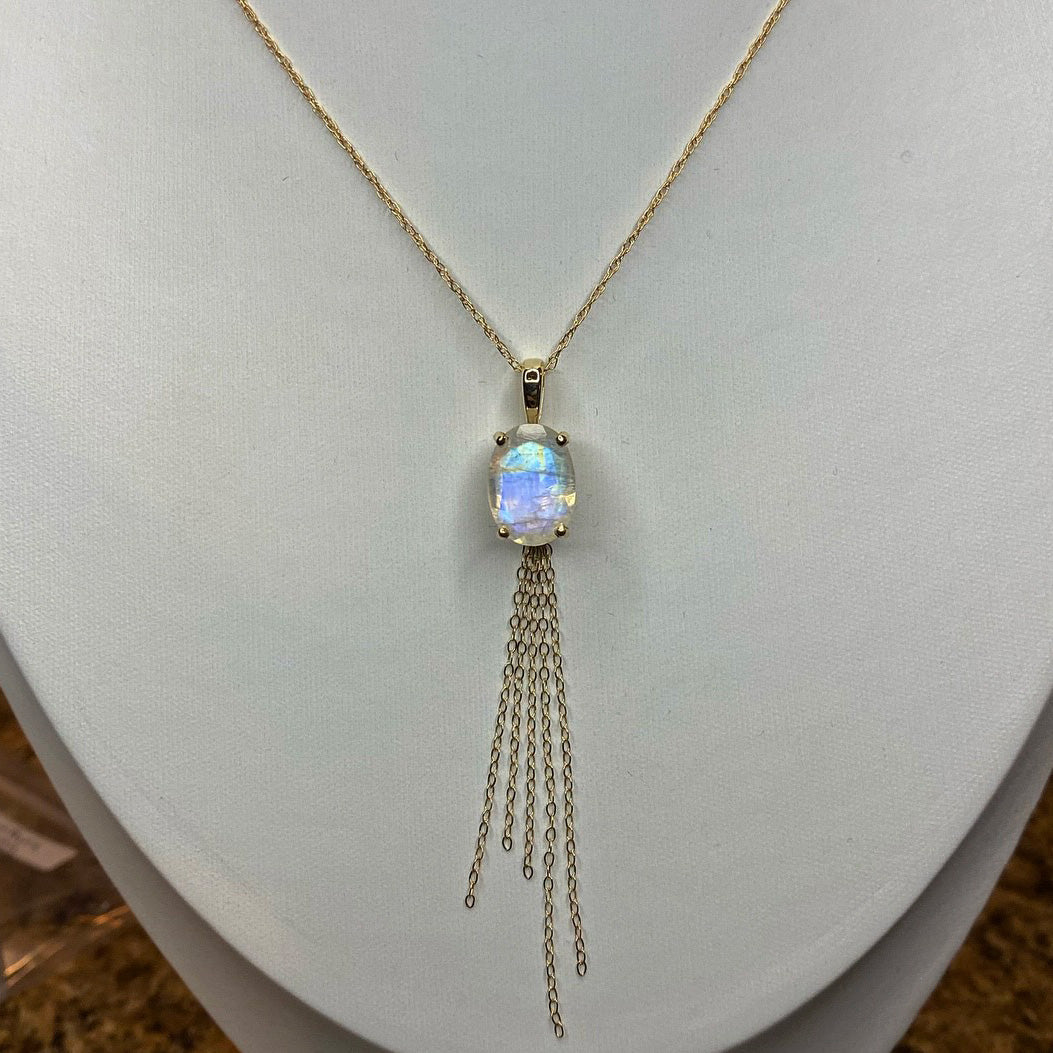 Moonstone Pendant 14K Gold Necklace with Tassels