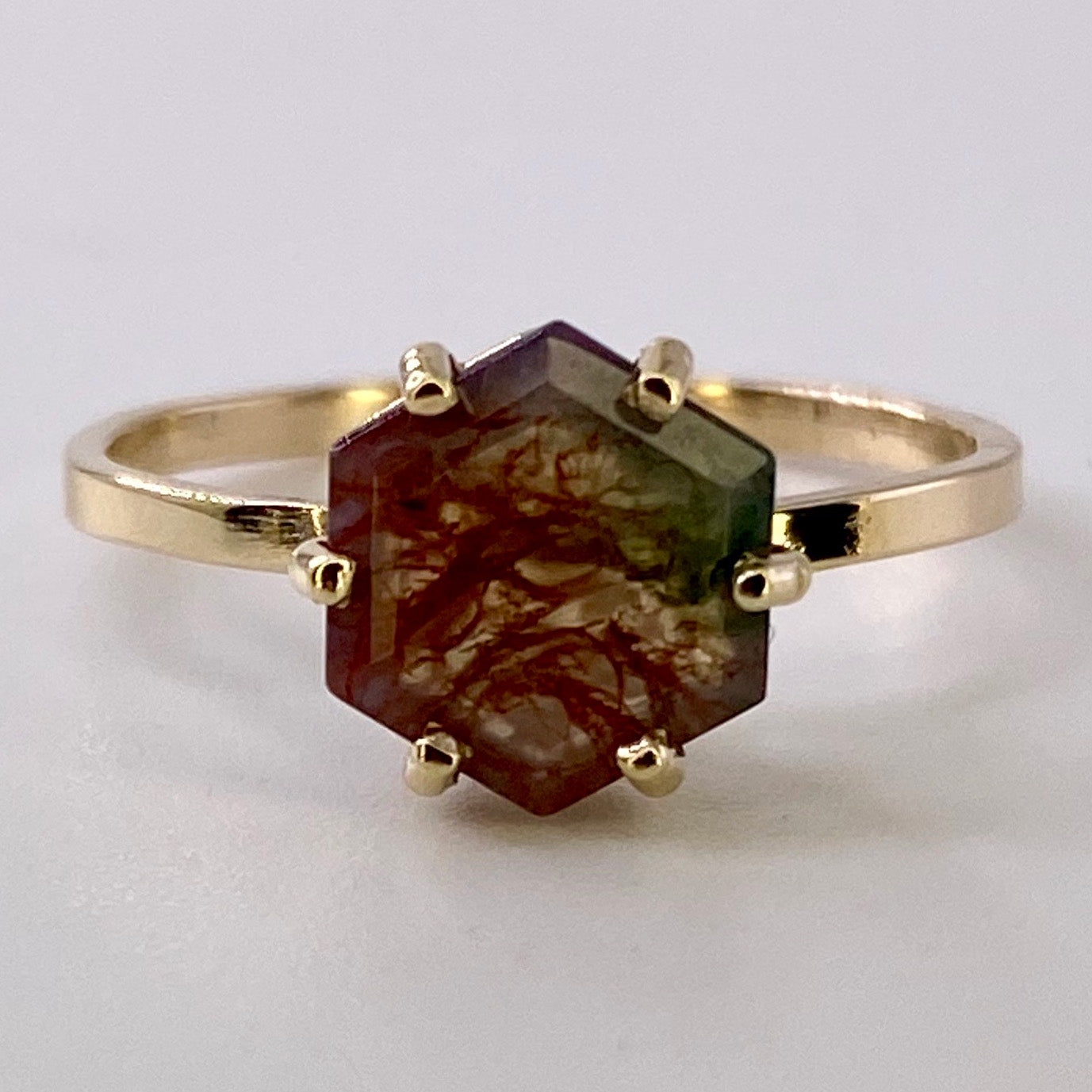Moss Agate Hexagon Yellow Gold Ring