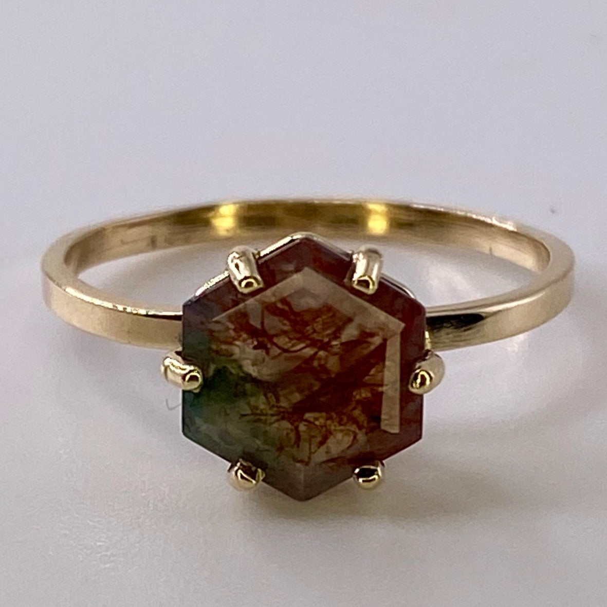 Moss Agate Hexagon Yellow Gold Ring