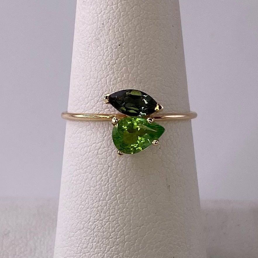 Tsavorite Garnet and Teal Tourmaline Yellow Gold Ring