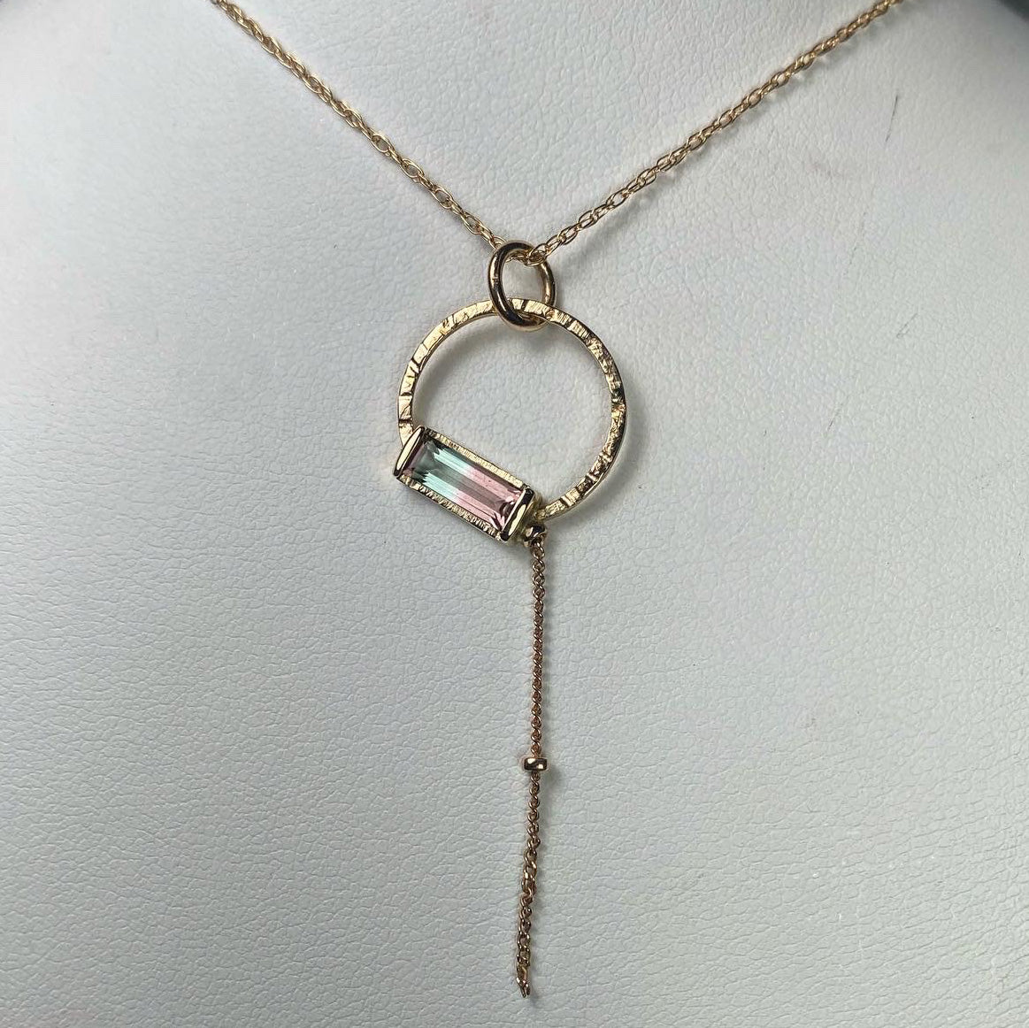 Watermelon Tourmaline Baguette 14K Gold Accent Necklace