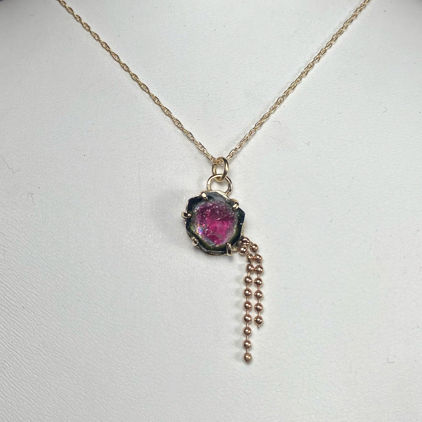 Watermelon Tourmaline Slice 14K Gold Necklace with Gold Beaded Accents