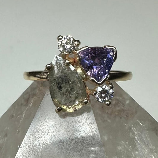 Salt and Pepper Diamond, Natural Diamond and Winza Sapphire Yellow Gold Ring