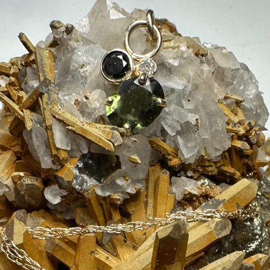 Moldavite, Black Diamond & White Diamond 14K Yellow Gold Necklace