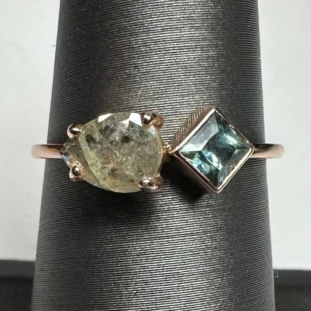 Salt and Pepper Diamond and Teal Montana Sapphire Rose Gold Ring