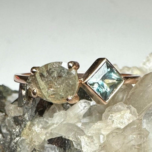 Salt and Pepper Diamond and Teal Montana Sapphire Rose Gold Ring