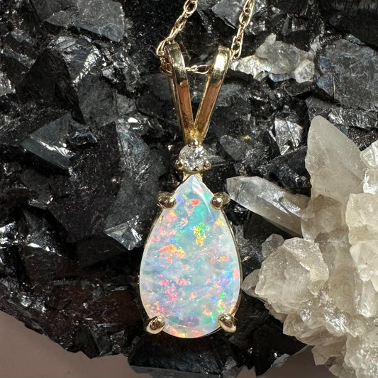 Australian Crystal Opal & Diamond 14K Yellow Gold Necklace