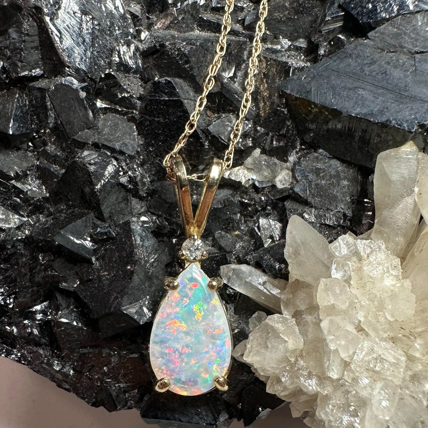 Australian Crystal Opal & Diamond 14K Yellow Gold Necklace