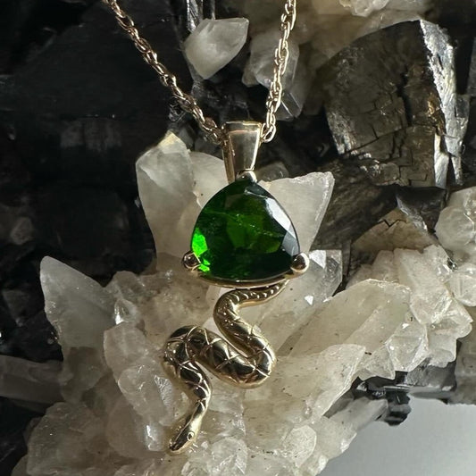 Chrome Diopside Trillion Set 14K Yellow Gold Necklace with Snake Accent