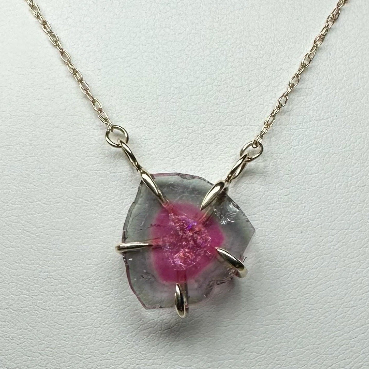 Pink and Blue Watermelon Tourmaline Slice 14K Yellow and Rose Gold Necklace
