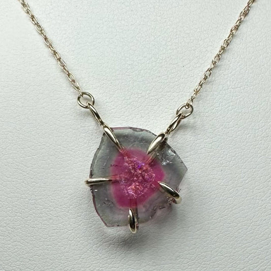 Pink and Blue Watermelon Tourmaline Slice 14K Yellow and Rose Gold Necklace