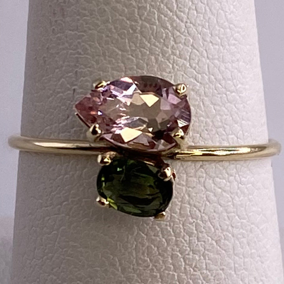 Green Sapphire and Morganite Yellow Gold Diamond Ring