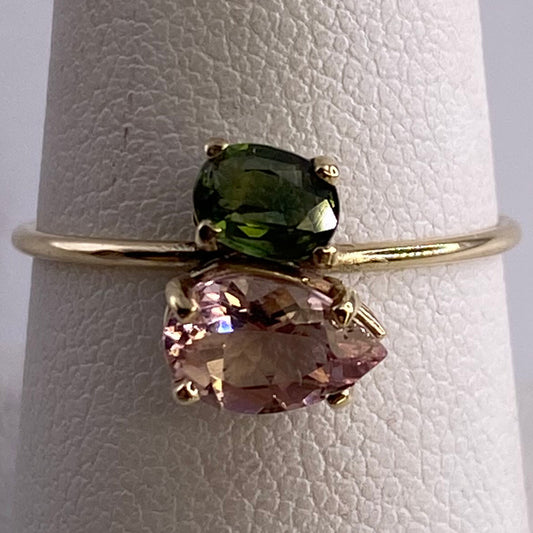 Green Sapphire and Morganite Yellow Gold Diamond Ring