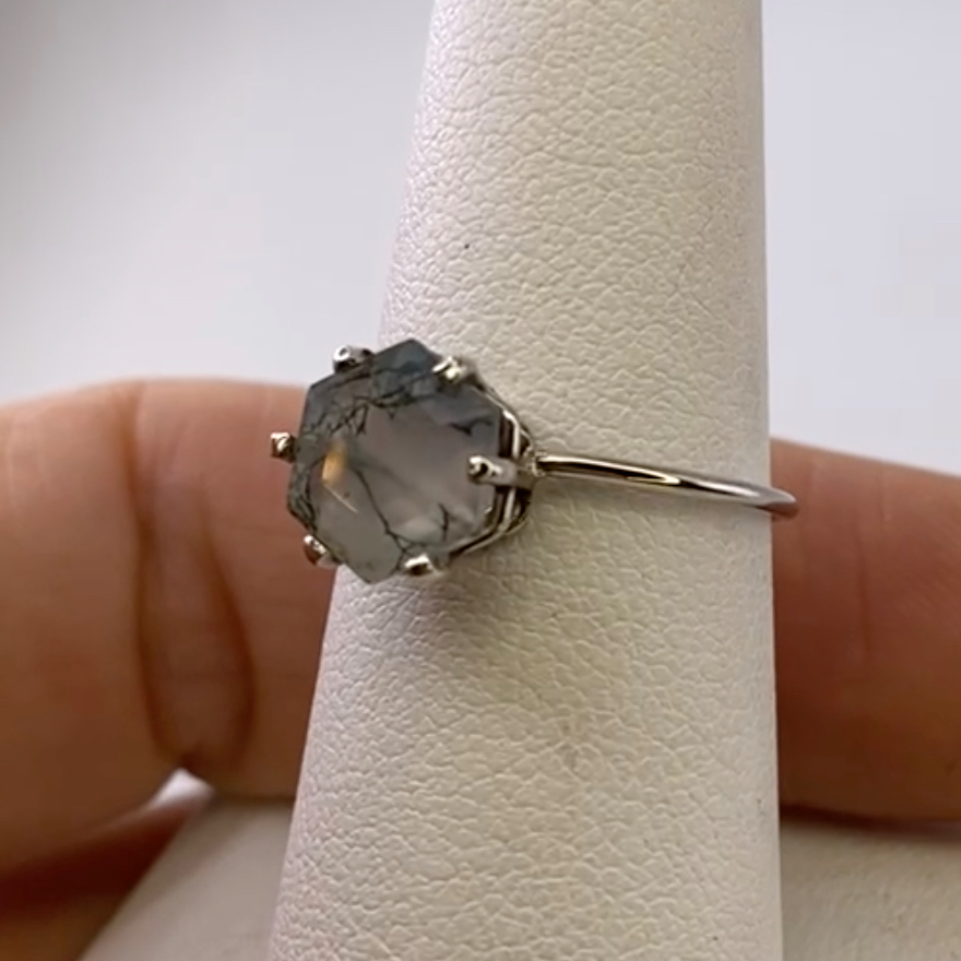Moss Agate Hexagon White Gold Ring