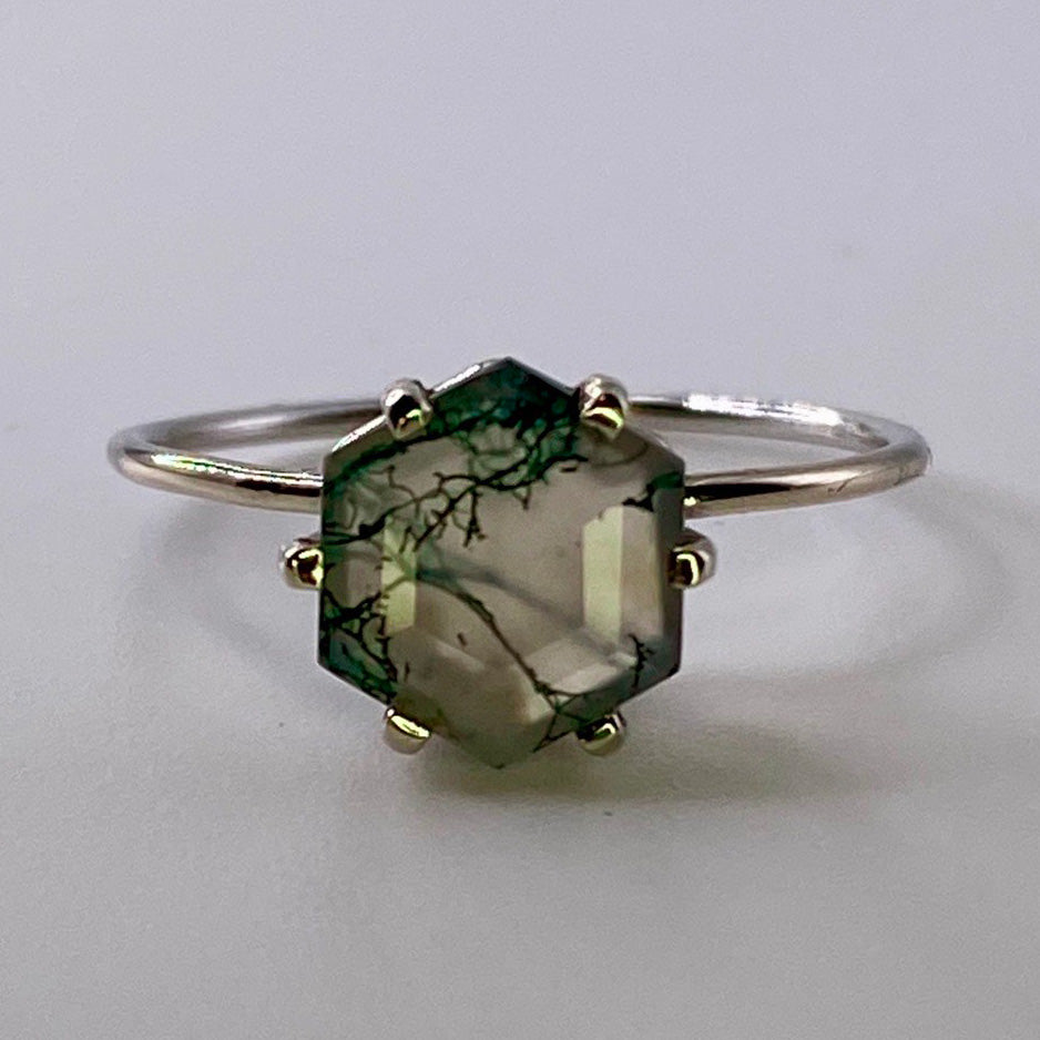 Moss Agate Hexagon White Gold Ring