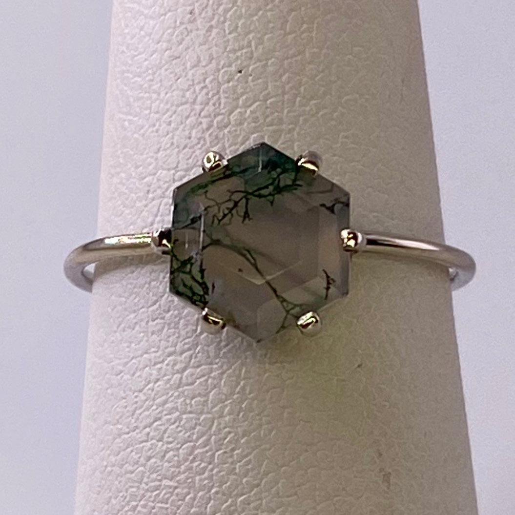 Moss Agate Hexagon White Gold Ring
