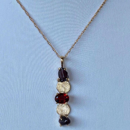 Rough and Faceted Garnet 14K Gold Disc Necklace