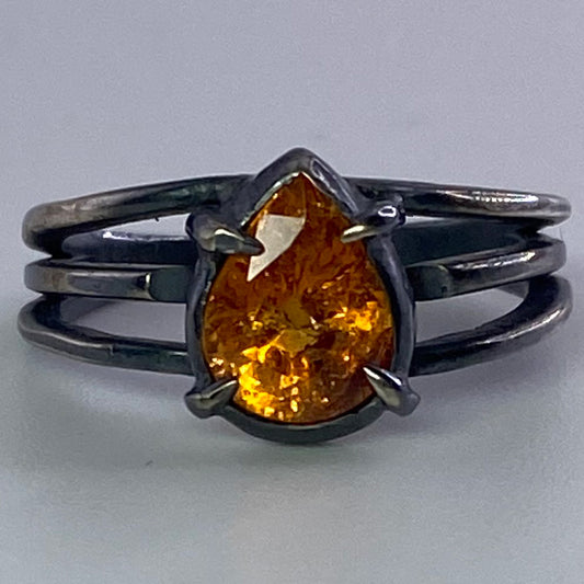 Spessartine Garnet Oxidized Sterling Silver Triple Band Ring