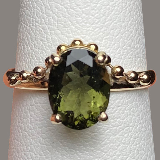 Moldavite Yellow Gold Beaded Ring
