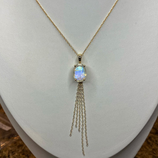 Moonstone Pendant 14K Gold Necklace with Tassels