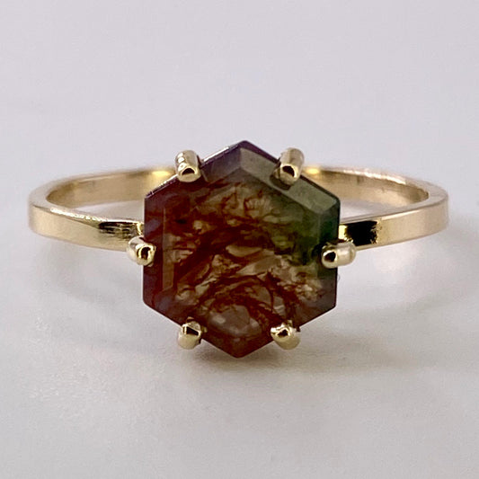 Moss Agate Hexagon Yellow Gold Ring