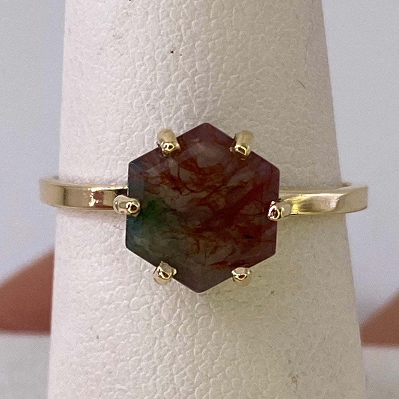 Moss Agate Hexagon Yellow Gold Ring