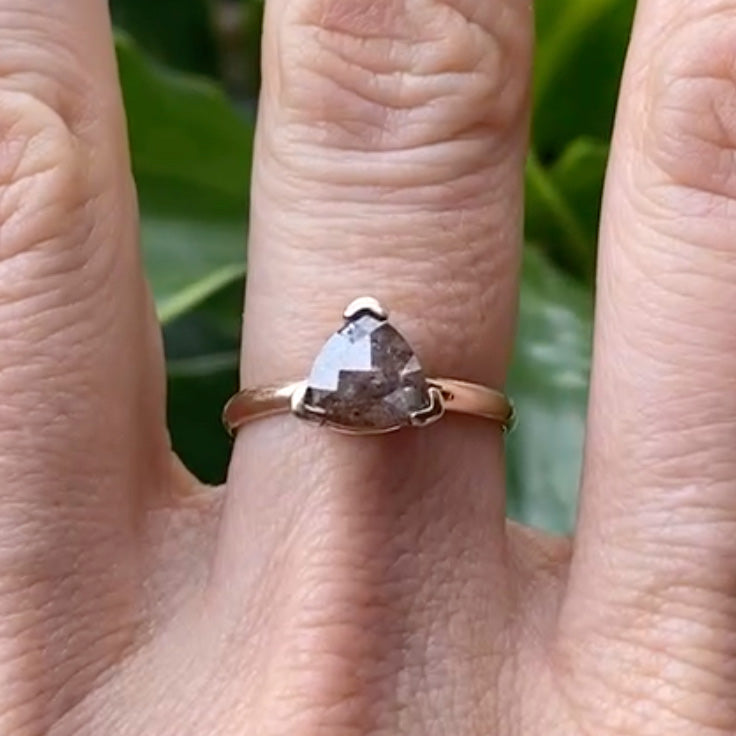 Trillion Cut Salt and Pepper Diamond Floating Yellow Gold Ring