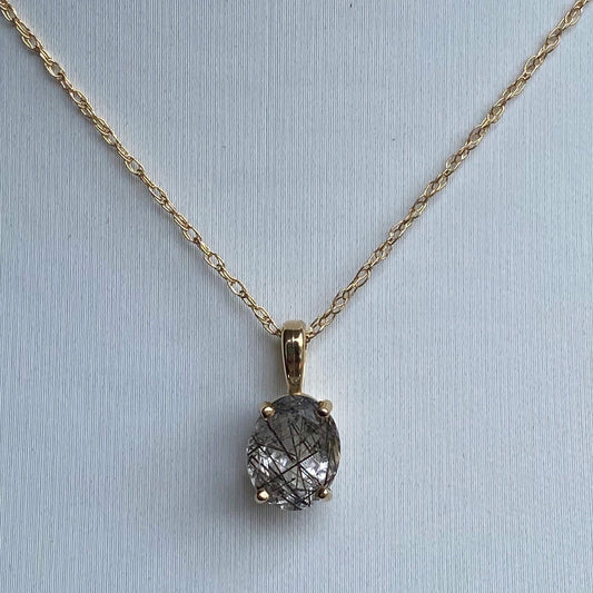 Black Tourmalated Quartz 14K Gold Necklace