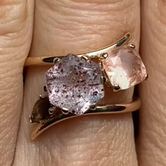 Super 7 Crystal, Oregon Sunstone and Smoky Quartz Bypass Gold Ring
