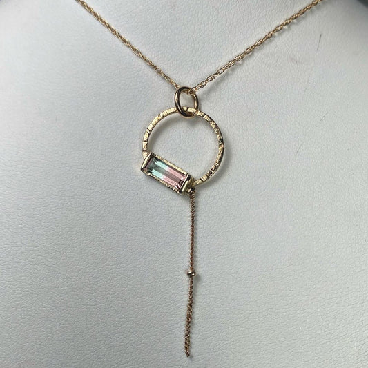 Watermelon Tourmaline Baguette 14K Gold Accent Necklace